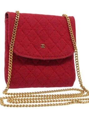 CHANEL Chain Quilted Shoulder Pouch Cotton Gold Red CC Auth ep5533
